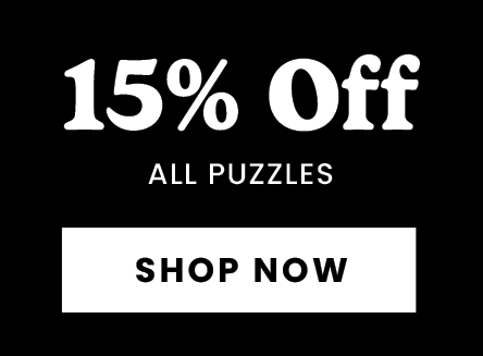 Promotional banner with 15% off all puzzles and a 'Shop Now' button on a black background.