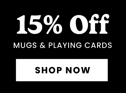 Promotional banner with 15% off text for mugs and playing cards, and a 'Shop Now' button.