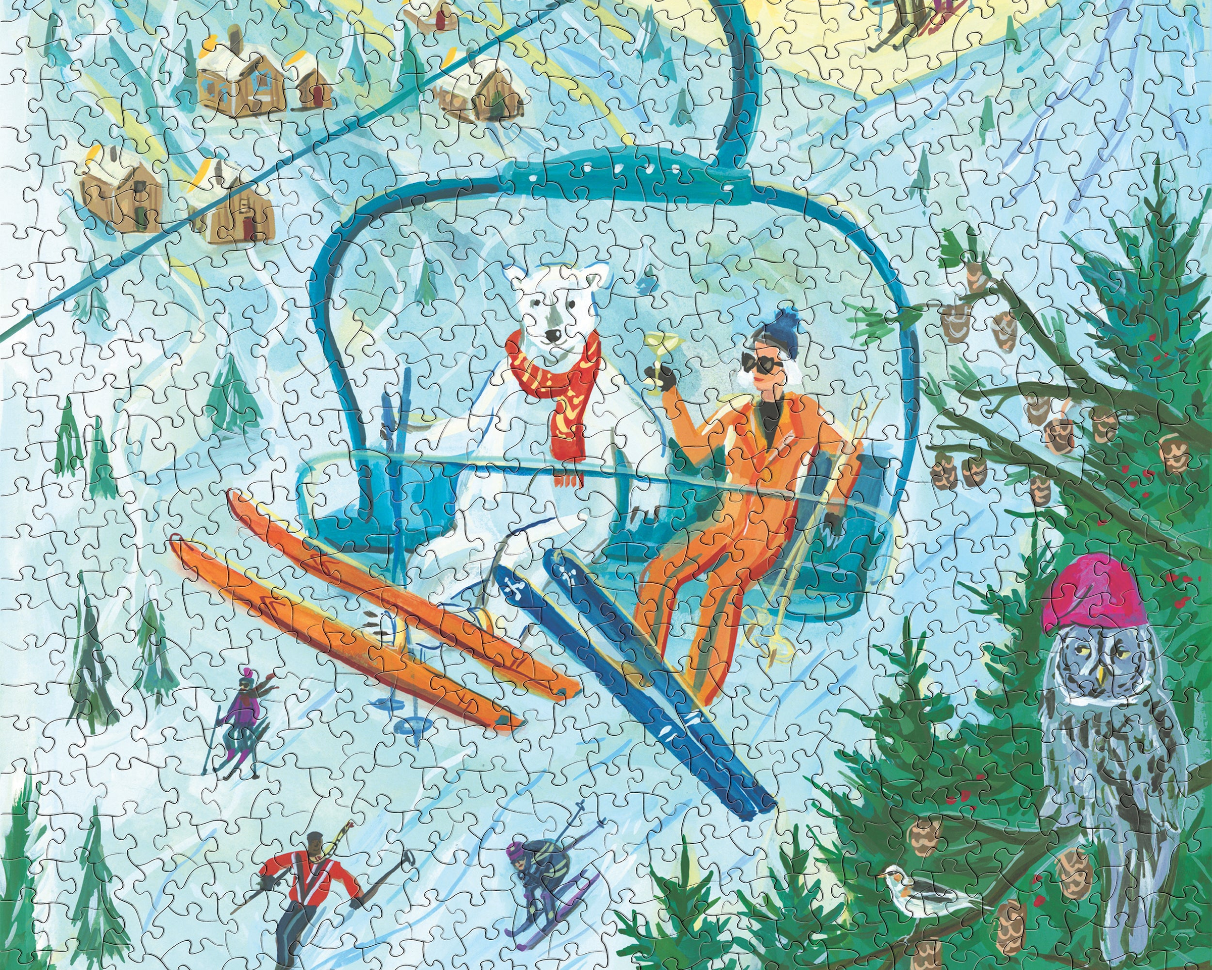 Puzzle image of Last Chair Chill 1000 Piece Puzzle illustrated by Jenny Kroik. Puzzle image shows a woman and polar bear sitting in ski lift