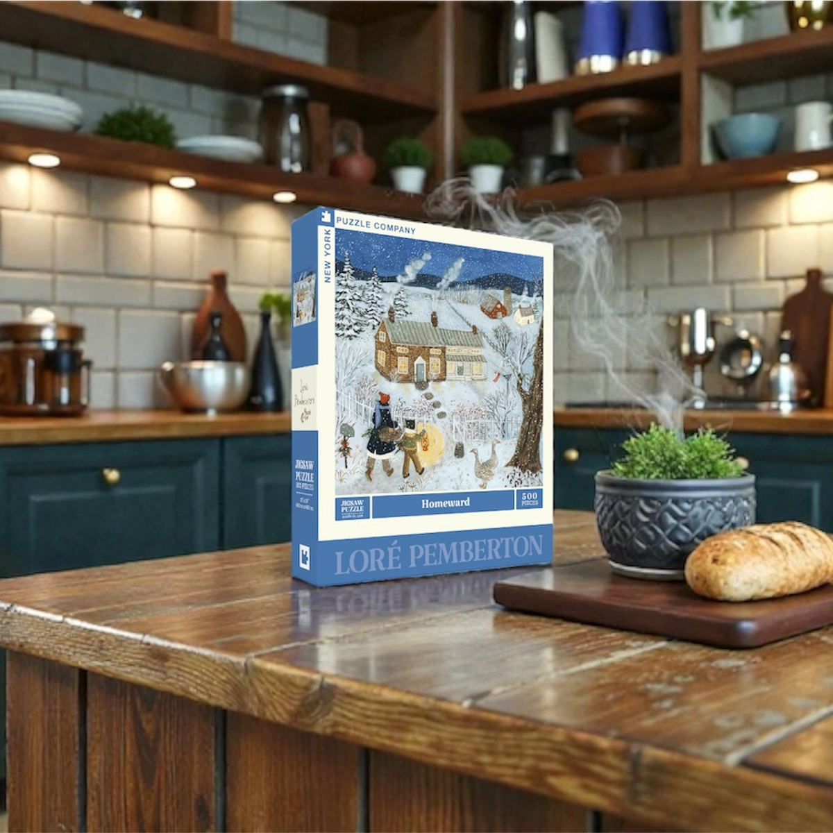 Jigsaw puzzle Homeward illustrated by Lore Pemberton on wooden kitchen counter, cropped